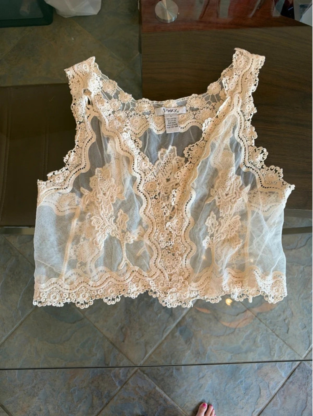 Pinky Boho Cream Lace Vest Sheer Cropped Tank Top Whimsygoth L
